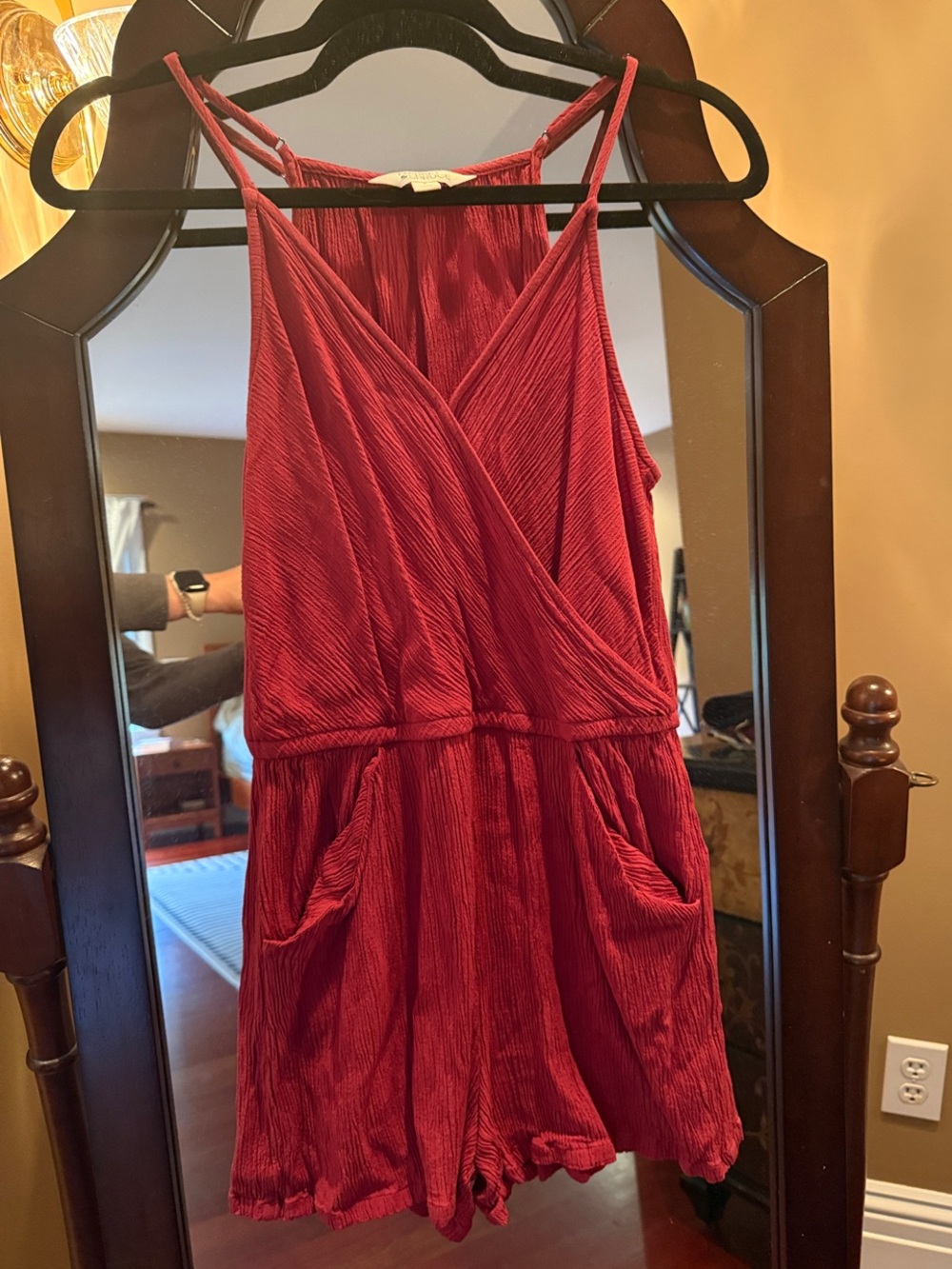 Market & Spruce Crimson Red Sleeveless V-Neck Romper with Pockets